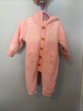 Pink Hooded Knit Baby One-Piece with Wood Buttons